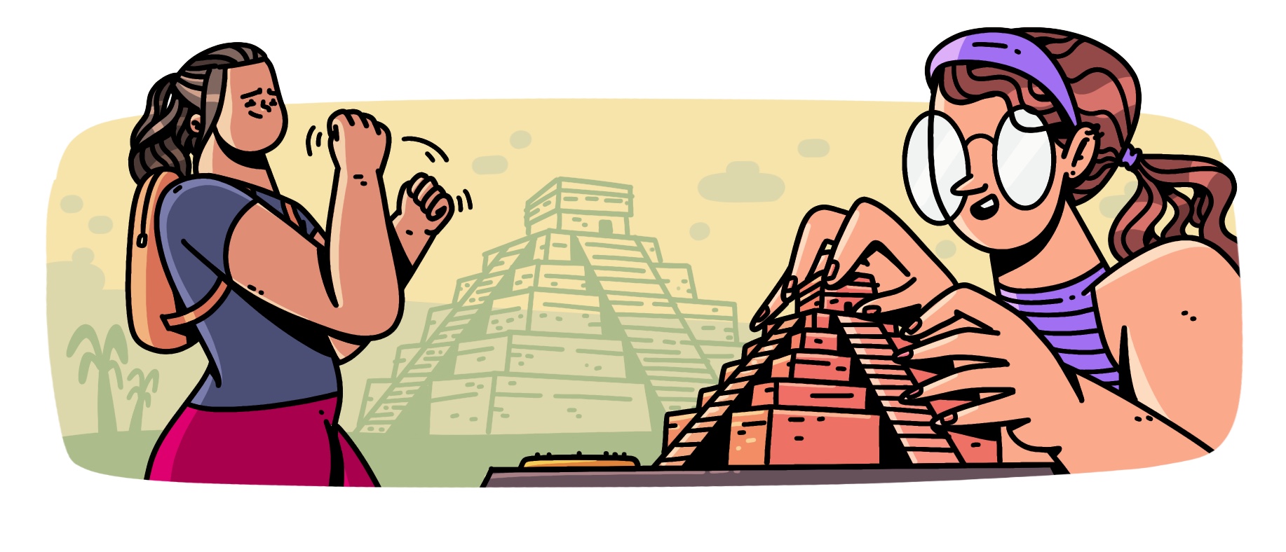 Ilustración horizontal. A la izquierda, una guía da una explicación en lengua de señas mexicana. Al centro, al fondo se observa la pirámide del castillo de Chichen Itzá. A la derecha, en primer plano se aprecia una mujer con baja visión palpando con las manos una maqueta de la misma pirámide.