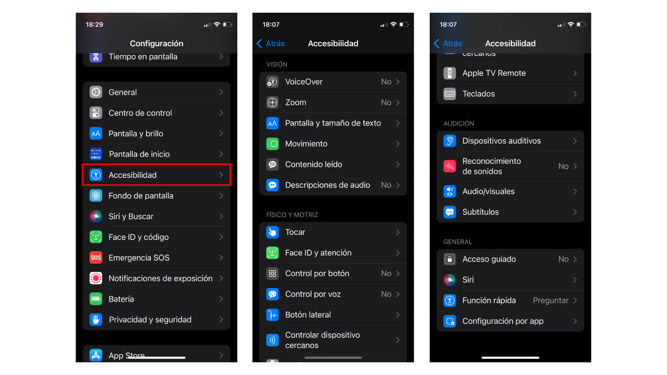 Imagen con tres capturas de pantalla del iPhone. La primera indica dónde se encuentra el menú de accesibilidad en la pantalla de configuración. La segunda muestra las funciones de accesibilidad relacionadas con visión y físico motriz, y la tercera las de audición y generales.