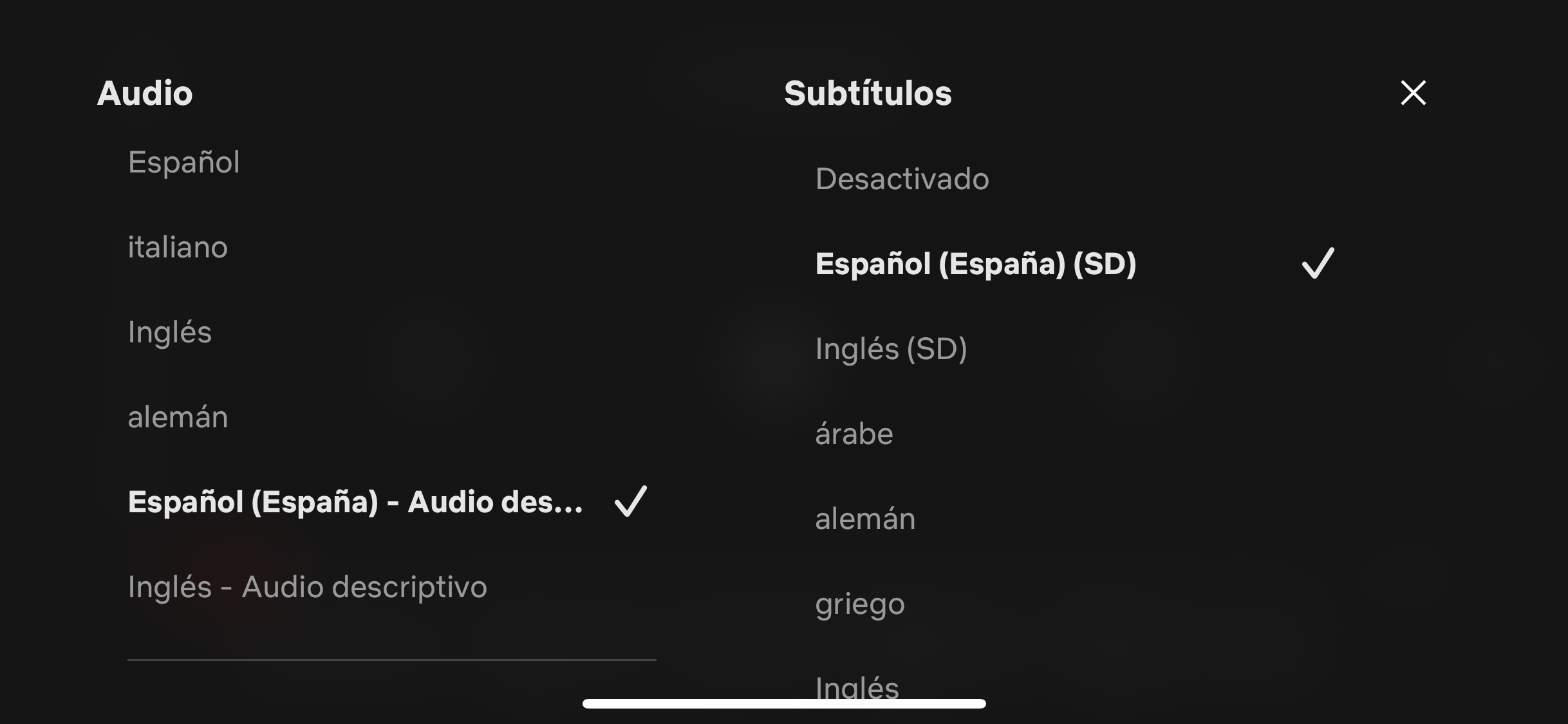 Captura de pantalla donde se muestra dónde se encuentra la opción de español con audio descripción en el menú de idiomas de Netflix.