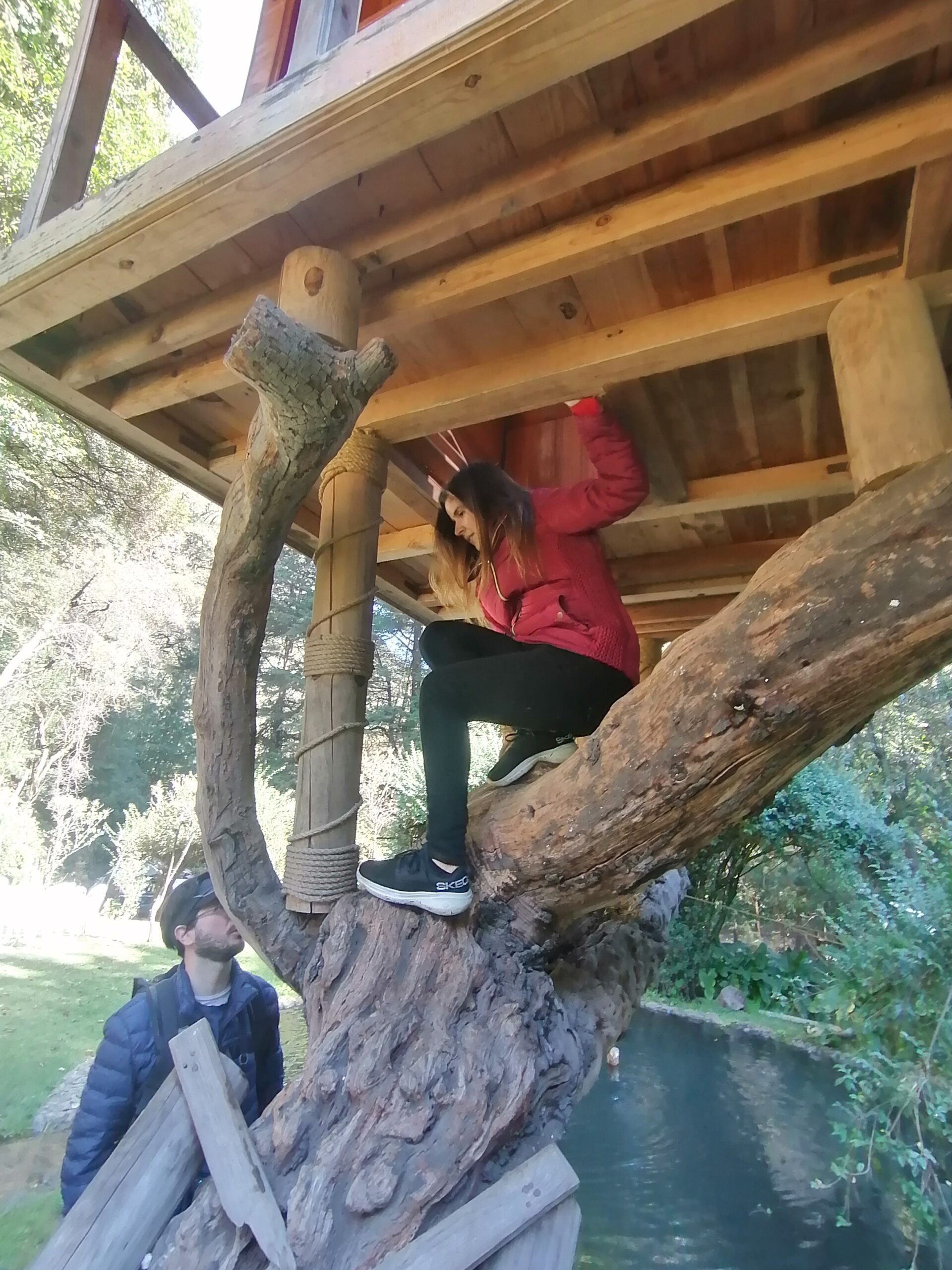 Fotografía vertical de Amairany bajando de la casita del árbol. La casita es de madera y está sostenida por las ramas de un árbol, a unos 3 metros del suelo. Amairany se sostiene de las ramas para bajar por unas escaleras fijas sobre el tronco. Al fondo se observa un jardín y un guía dando indicaciones.