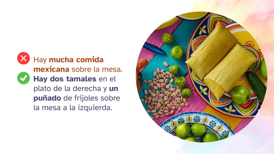 Infografía con una foto de comida mexicana y dos descripciones, una incorrecta y una correcta. La incorrecta dice: Hay mucha comida mexicana sobre la mesa. La correcta dice: Hay dos tamales en el plato de la derecha y un puñado de frijoles sobre la mesa a la izquierda.