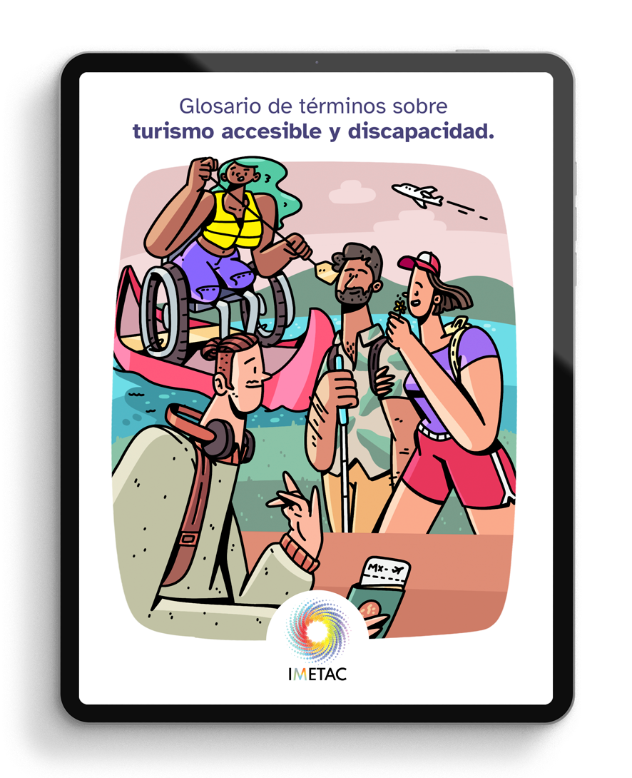 Portada del glosario de términos de turismo accesible y discapacidad del IMETAC, vista en una tablet.