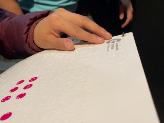 Fotografía de un cuadernillo de ocho páginas con información en braille, visto de lado. Se aprecia la mano de una mujer leyéndolo con la yema de sus dedos. El cuadernillo es de papel.