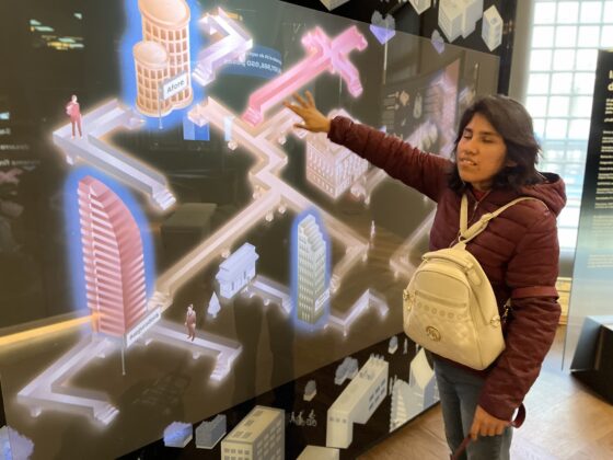 Fotografía de una mujer con discapacidad visual tocando una pantalla interactiva que está al fondo. En la pantalla se ven gráficos de edificios como bancos e instituciones similares, conectadas por medio de puentes.