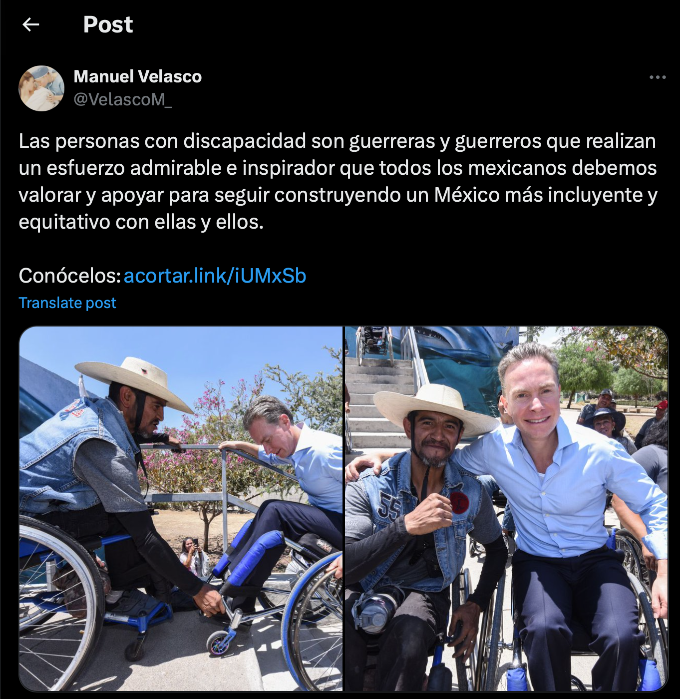 Captura de pantalla del tweet de Manuel Velasco mencionado. Además del texto, incluye dos imágenes: una de Manuel Velasco probando una silla de ruedas, y otra abrazando a una persona usuaria de silla de ruedas.