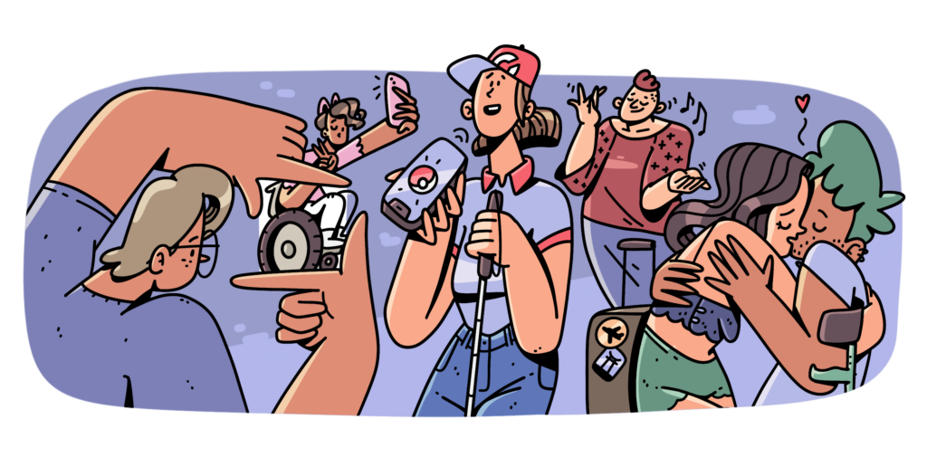 Dibujo a color de una persona fijándose en la silla de ruedas de otra, y enmarcando esa vista con sus manos. Más allá de lo que enmarca, se ve que la persona usuaria de silla de ruedas se toma una selfie y trae orejas de gato. A su lado hay una mujer con discapacidad visual jugando un videojuego de Pokemon en su teléfono, luego hay un intérprete de lengua de señas en un concierto, y finalmente una pareja besándose, uno de los usa una muleta.