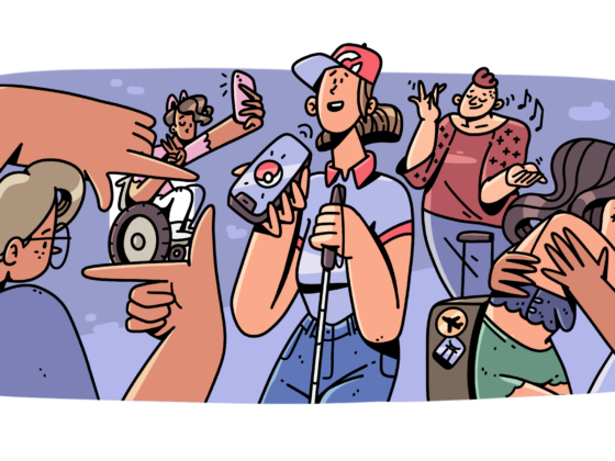Dibujo a color de una persona fijándose en la silla de ruedas de otra, y enmarcando esa vista con sus manos. Más allá de lo que enmarca, se ve que la persona usuaria de silla de ruedas se toma una selfie y trae orejas de gato. A su lado hay una mujer con discapacidad visual jugando un videojuego de Pokemon en su teléfono, luego hay un intérprete de lengua de señas en un concierto, y finalmente una pareja besándose, uno de los usa una muleta.