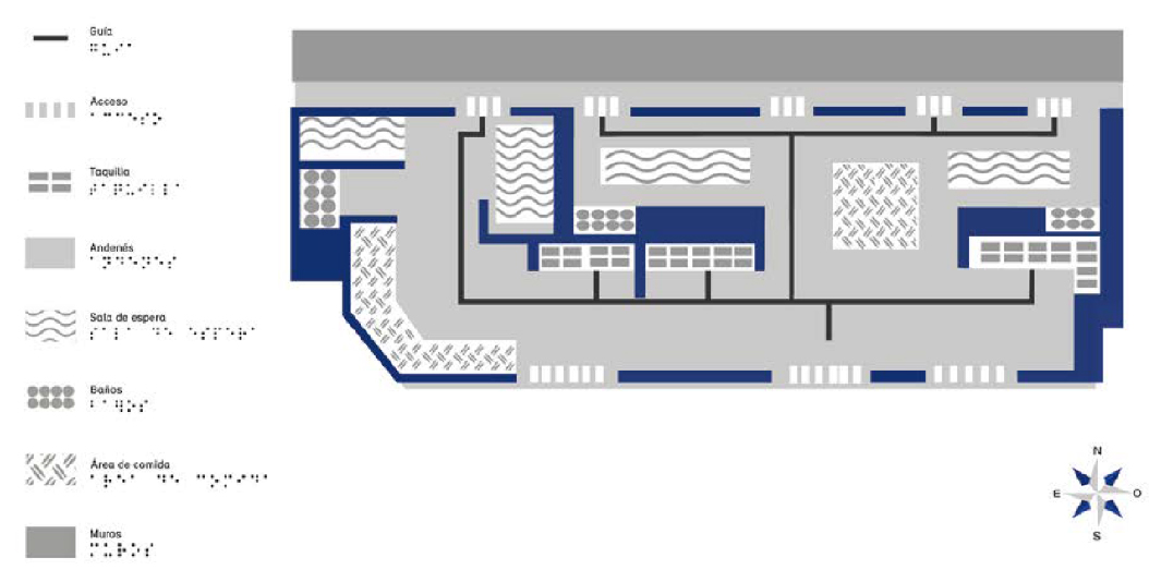 Diseño gráfico del mapa multimodal de una central de autobuses. A la izquierda aparece la simbología y sus respectivos significados, y a la derecha el mapa del edificio visto desde arriba.