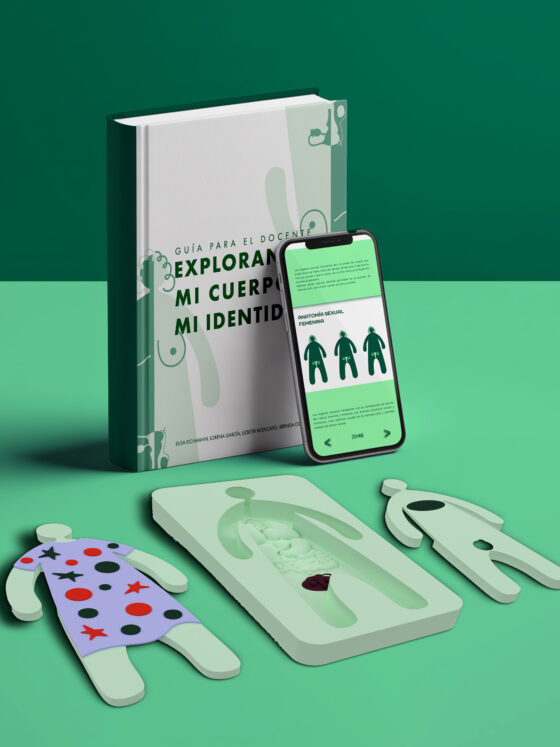 Render de un tablero y manual sobre sexualidad para educar a adolescentes con discapacidad visual. El manual tiene colores con alto contraste, y el tablero impresiones en 3D de los aparatos reproductores masculinos y femeninos.