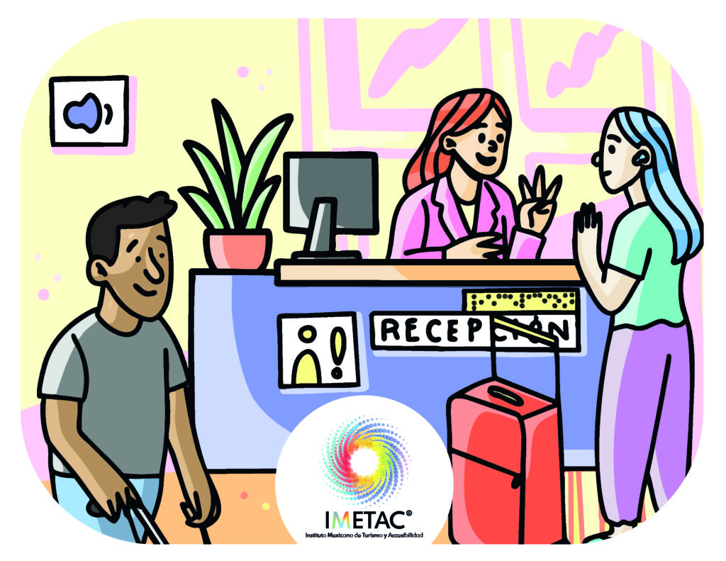 Ilustración horizontal de dos personas con discapacidad en la recepción de un hotel. Al fondo se encuentra la recepcionista atrás del escritorio de la recepción, atendiendo a una mujer con discapacidad auditiva. Al frente, se ve un hombre con discapacidad visual caminando guiándose con su bastón y su perro de asistencia