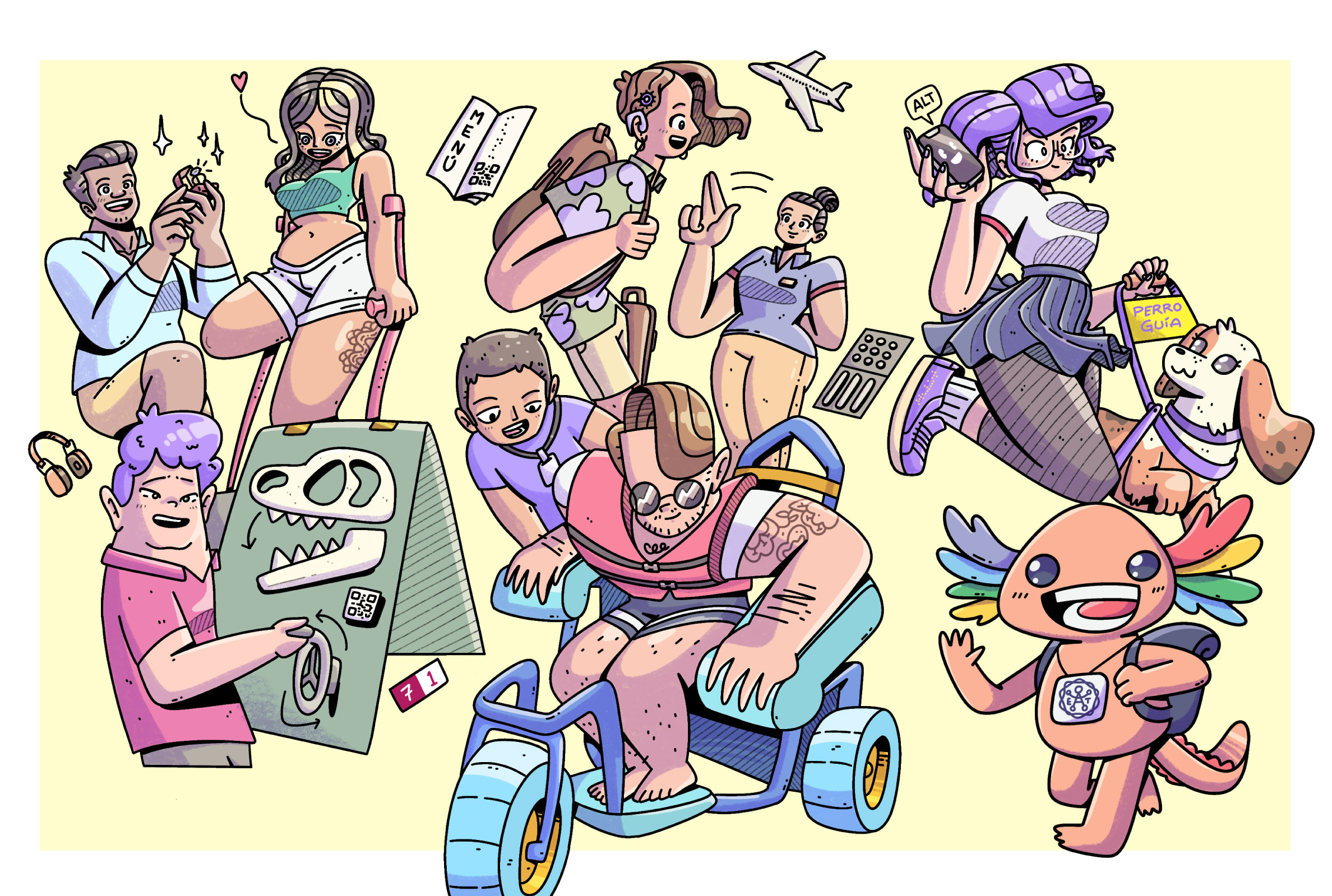 Dibujo a color de diferentes personas con discapacidad viajando. De izquierda a derecha: un hombre proponiéndole matrimónio a una mujer con una pierna amputada, un hombre con discapacidad intelectual interactuando con un esqueleto de dinosaurio en un museo, una persona con discapacidad auditiva llegando a un hotel y siendo recibido por personal que se comunica en lengua de señas, un hombre con discapacidad motriz en un vehículo anfibio para la playa, una mujer con su perro guía escuchando su lector de pantalla, y al final un ajolote saludando que es la mascota del IMETAC.