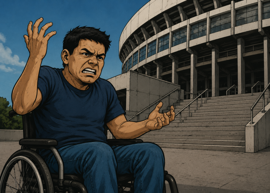 Ilustración horizontal de estilo manga a color que muestra a un joven en silla de ruedas en la parte de afuera de un estadio de futbol de estructura arquitectónica moderna con una fachada curva de vidrio y metal bajo un cielo azul con nubes ligeras. El personaje tiene una expresión de intensa frustración o angustia, con los ojos entrecerrados y la boca abierta en un grito de esfuerzo. Viste una playera azul oscuro y pantalones de mezclilla. Su brazo derecho está levantado en el aire con la mano abierta, mientras que su brazo izquierdo se extiende hacia abajo en un gesto de tensión.