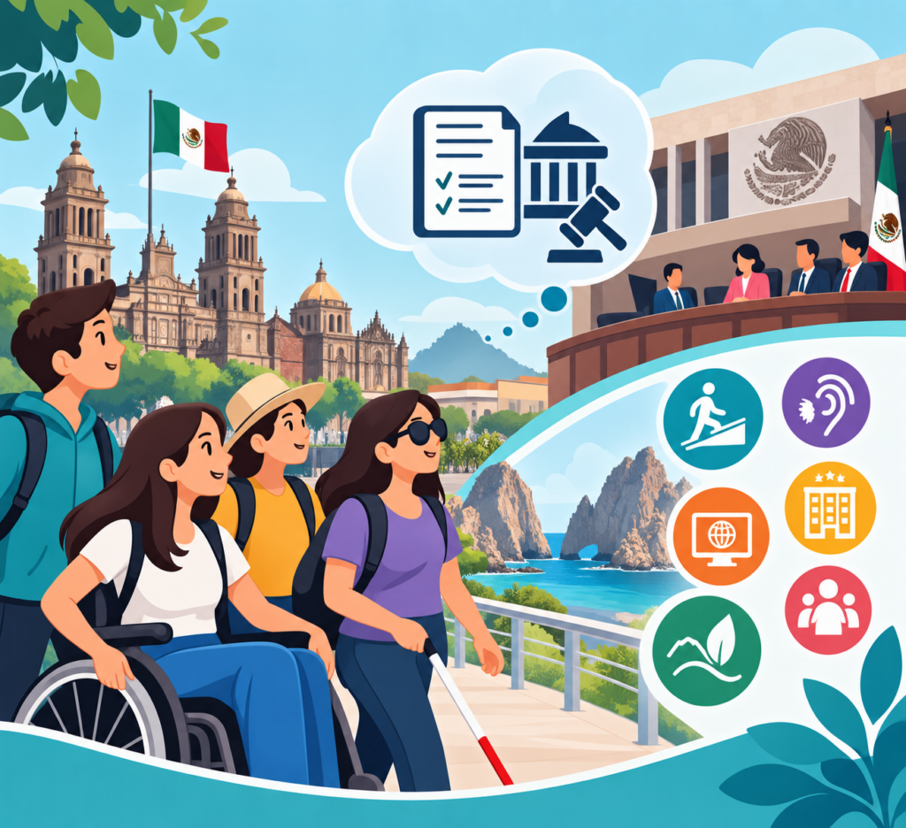 Dibujo a color sobre inclusión y accesibilidad en México. En el centro, un grupo de cuatro jóvenes sonrientes camina junto a un barandal con paisajes naturales de fondo; una de las jóvenes utiliza una silla de ruedas manual. En la esquina superior izquierda se observa el Palacio Nacional y la bandera de México. En la esquina superior derecha, un grupo de personas sesiona en una mesa parlamentaria frente al escudo nacional mexicano. En el lado derecho, se aprecian seis iconos circulares de colores que representan diferentes tipos de accesibilidad: una persona en rampa, una oreja (discapacidad auditiva), una pantalla de computadora (accesibilidad digital), un hotel (alojamiento), una hoja (sustentabilidad) y un grupo de personas (inclusión social).
